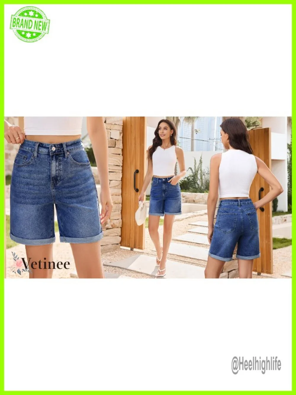 Vetinee High Waisted Fold Hem Stretchy Long Denim Shorts